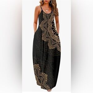 Elegant Black and Gold Maxi Dress With Pockets